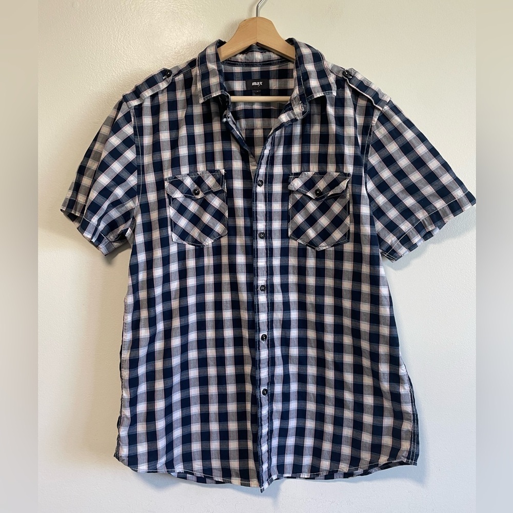 Max Blue  & White Short Sleeve Plaid Button Up Shirt
